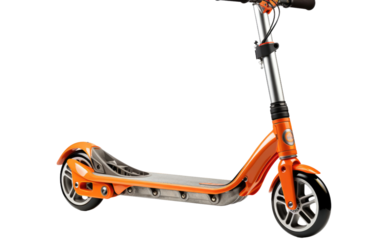 A Modern Orange Plastic and Steel Kick Scooter On a White or Clear Surface PNG Transparent Background.