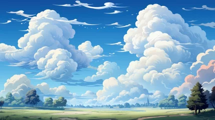 Gordijnen White Fluffy Clouds Blue Sky, Background Banner HD, Illustrations , Cartoon style © Alex Cuong