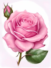a pink rose with leaves, set against a clear background, highlighting the rose's beauty and elegance
