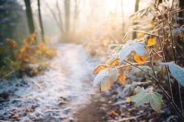 frost-covered leaves along a winter hiking trail