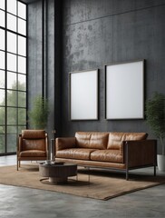 Frame mockup in modern industrial interior with leather furniture, luxury office,