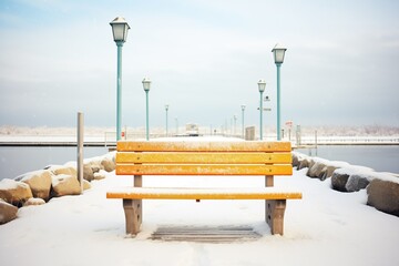 snowy bench on pier over frozen waters