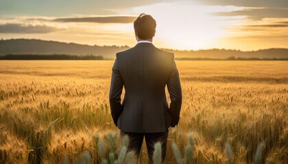 Back view of a businessman in a suit standing in a golden wheat field at sunset, contemplating nature's beauty, blending business with the rural landscape.