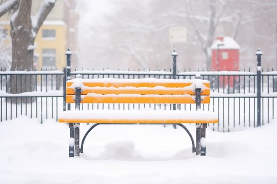 bench engulfed by snow in blizzard