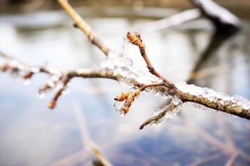 ice-encased twigs protruding from river