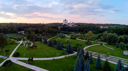 Fototapeta na wymiar Aerial drone view of beautiful Feofania park in Kyiv, Ukraine.