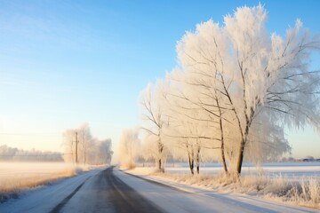 glistening hoarfrost on trees above a rural winter road