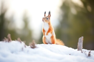 squirrel standing erect on a snowy mound