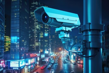 Close up futuristic CCTV security camera in street of smart city