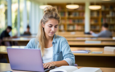 Fototapeta premium young female student studying on laptop