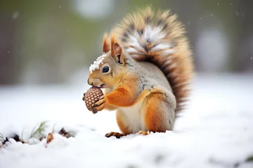 Foto op Canvas squirrel nibbling a pine cone in snow © altitudevisual
