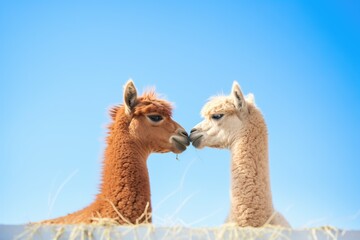two alpacas nuzzling under a clear blue sky