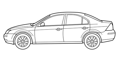 Classic sport luxary class sedan car. 4 door car on white background. Side view shot. Outline doodle vector illustration