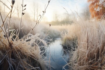 frost-covered grasses framing a narrow icy brook