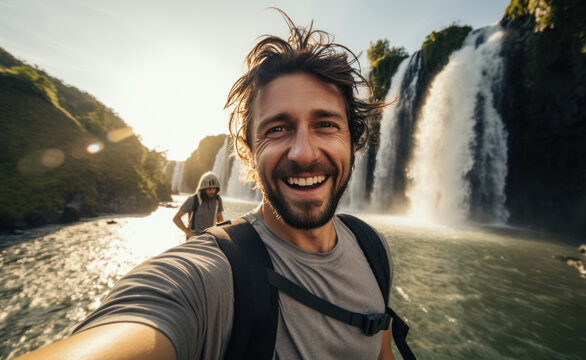 man takes selfie in front of waterfall