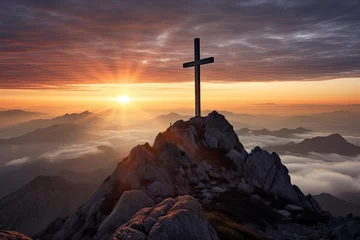 Fototapete Rund summit cross in mountain nature landscape © krissikunterbunt