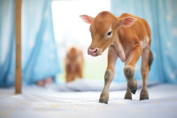 newborn calf taking its first steps on bedding