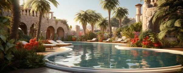 Fototapeta na wymiar mediterranean resort swimming pool and tropical gardens