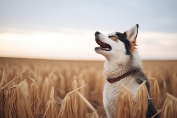 husky mix howling in the open farmland - obrazy, fototapety, plakaty