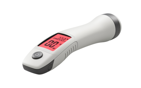 Sleek and Ergonomic Digital Infrared Thermometer On a White or Clear Surface PNG Transparent Background.