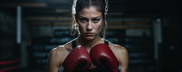portrait d'une boxeuse, vue de face, en position de garde - les poings devant elle
