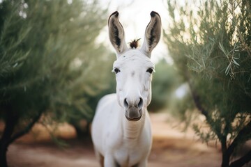 white-furred donkey standing under olive tree branches