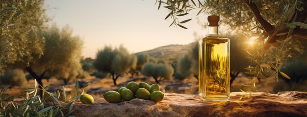olive oil and fresh green olives on the green grass