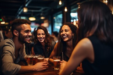 people laughing while drinking beer in a bar