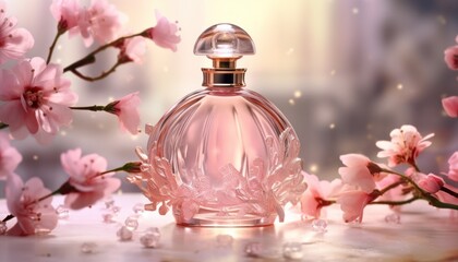 perfume bottle with some pink flowers and some dust in background