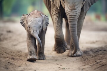 adult elephants flanking calf on muddy path