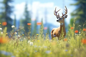 elk partially hidden by tall meadow wildflowers - obrazy, fototapety, plakaty