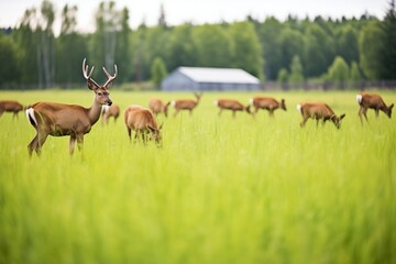 elk herd grazing in a lush green meadow