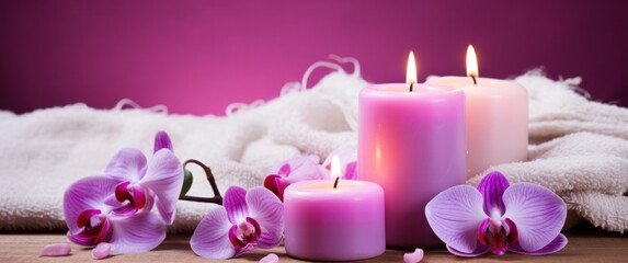 pink orchids, white soap, candles on a table