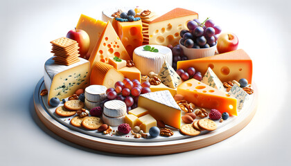 An exquisite cheese platter with a rich assortment of cheeses, from creamy brie to sharp blue cheese, interspersed with clusters of fresh grapes, nuts, and an array of crackers and biscuits