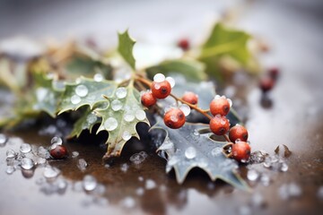 silver thaw on glossy crowberries with frosty leaves