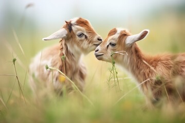 two baby goats gently butting heads in a meadow - obrazy, fototapety, plakaty