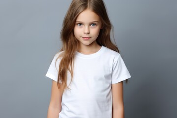 Fototapeta premium White blank t shirt mock up. Girl grey wall background