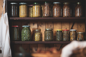 Inside an Apothecary Store with Natural Remedies - Medical Herbs Jars Background