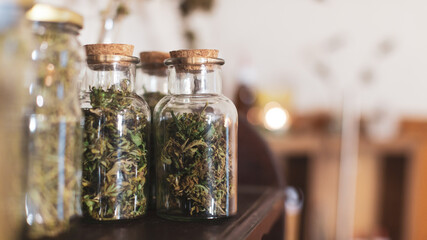 Medical Cannabis - Recreational Marijuana in Jars Copy Space Concept