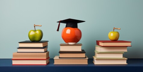 three books stacked up above graduation cap