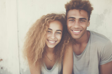 Radiant multiracial young couple with curly hair, sharing a genuine smile, casually dressed and enjoying a sunny day outdoors, a picture of happiness and affection