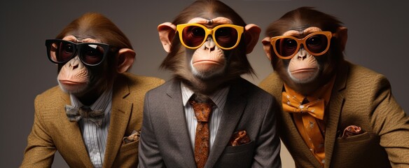 three monkeys in sunglasses are dressed up for a performance - obrazy, fototapety, plakaty