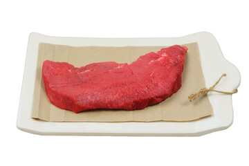 Beef pulp on a ceramic board isolated on white background. Raw meat for cooking. Meat for barbecue.