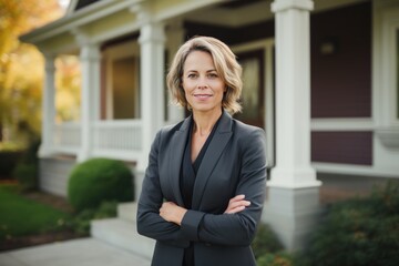 woman in business suit standing in front of house after signing a contract