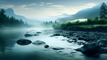 Fototapeta premium Flowing Elegance: PowerPoint Background with Riverside Charm