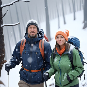 Hombre y mujer caminando en una monta&ntilde;a mientras est&aacute; nevando 