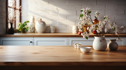 Fototapeta na wymiar Wooden light empty table top in modern white kitchen