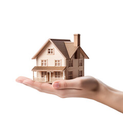 House model with a chimney on the palm of hand isolated background