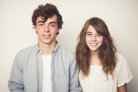 Young Caucasian couple with natural charm, casual outfits on a neutral background, exuding fresh youthfulness