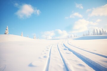 mountaintop ski tracks in fresh powder